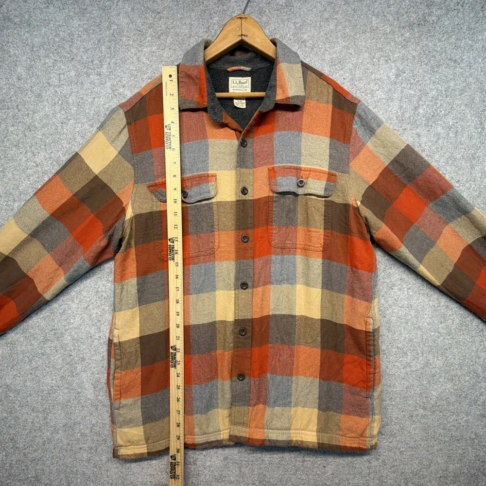 LL Bean Men Plaid Flannel Shacket Fleece Lined Jacket Medium Traditional Fit
